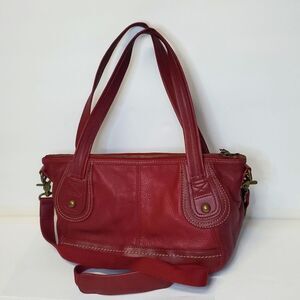 The Sak Red Leather Shoulder/Crossbody Satchel Bag Zip Top Brass Accents